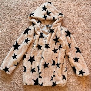 Hooded Pink Fluffy Jacket with Black Stars